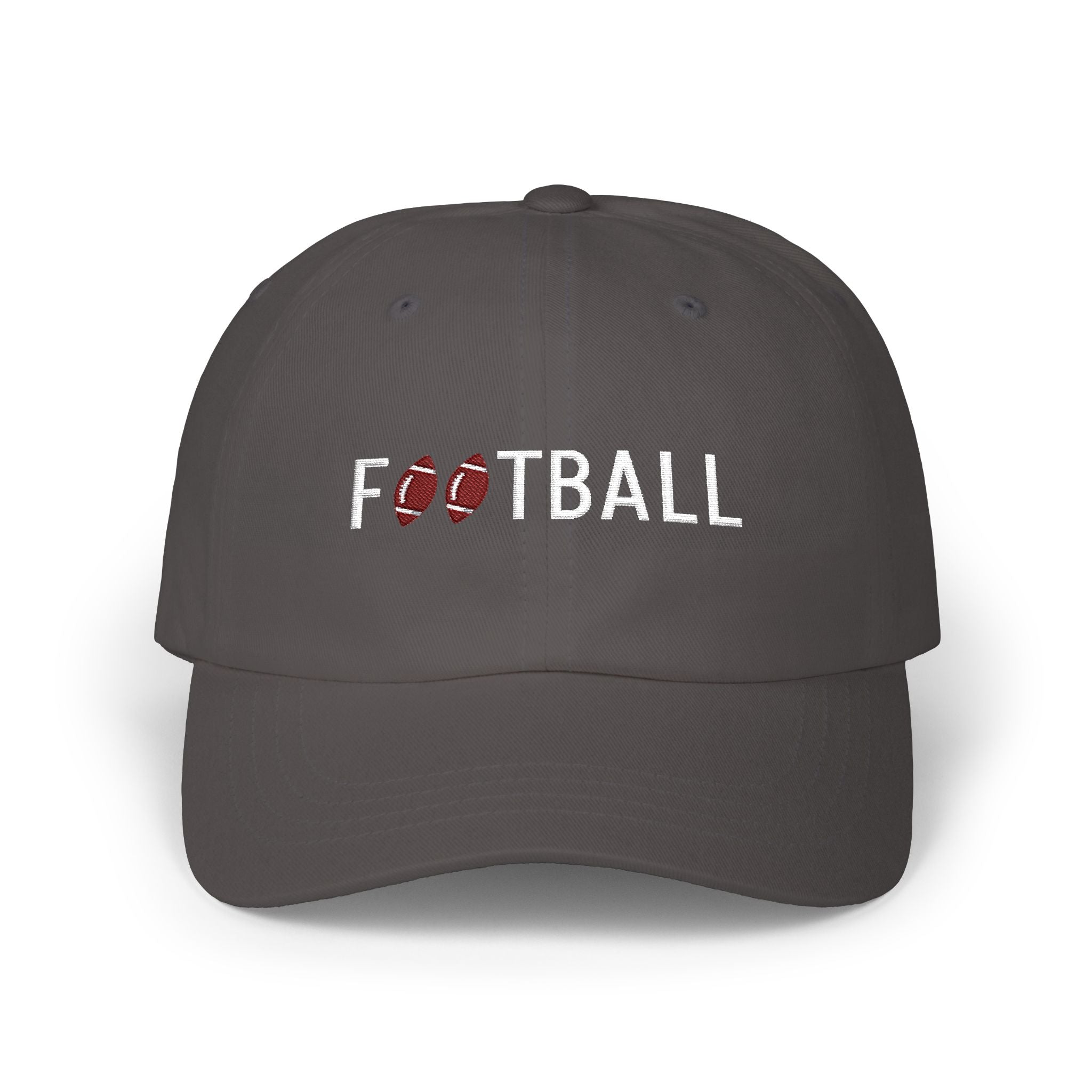 Dark grey classic cap with an embroidered Football text and graphic.
