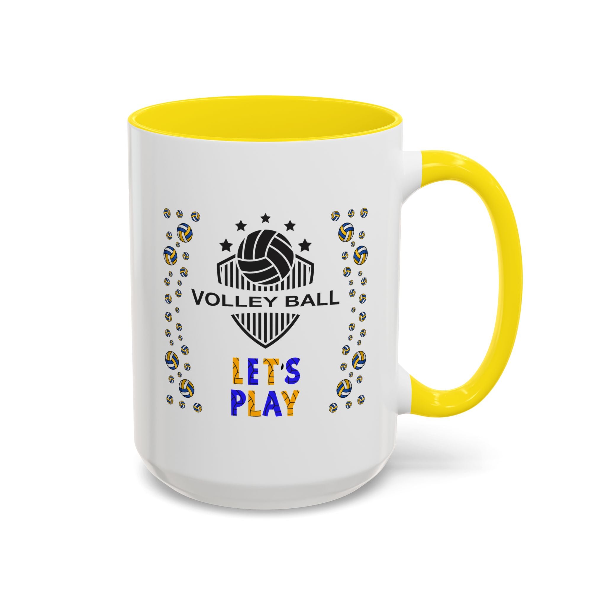 15oz white ceramic Volleyball mug with yellow handle and interior Right handed view