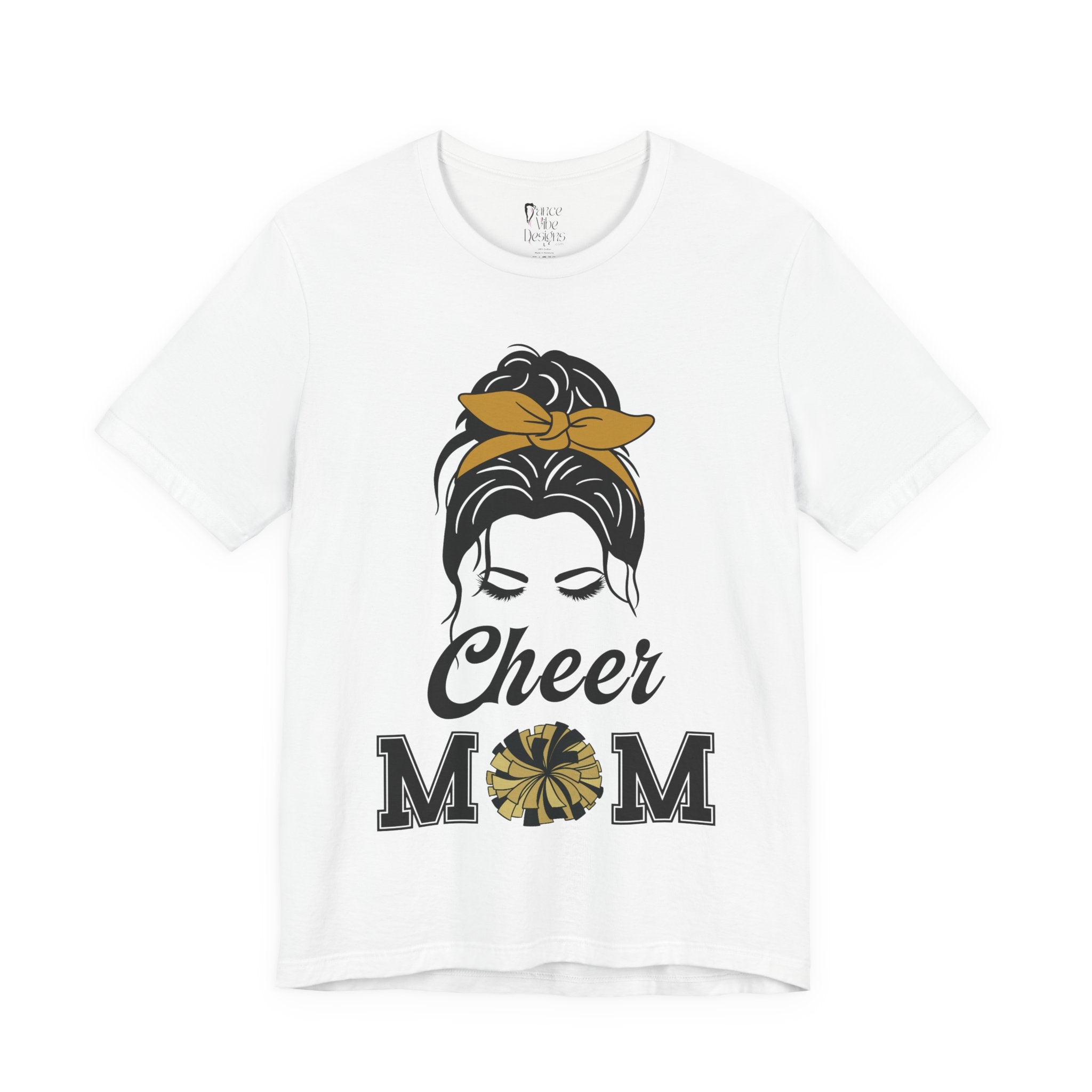 A white short-sleeve crewneck t-shirt featuring a Cheer Mom silhouette graphic print with text.