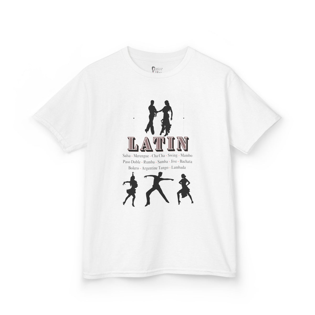 Front view of a youth Gildan 5000B heavy cotton t-shirt in white with a Latin Dance Style theme