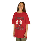 Young girl wearing a youth Gildan 5000B heavy cotton t-shirt in red with a Halloween Dance Party theme