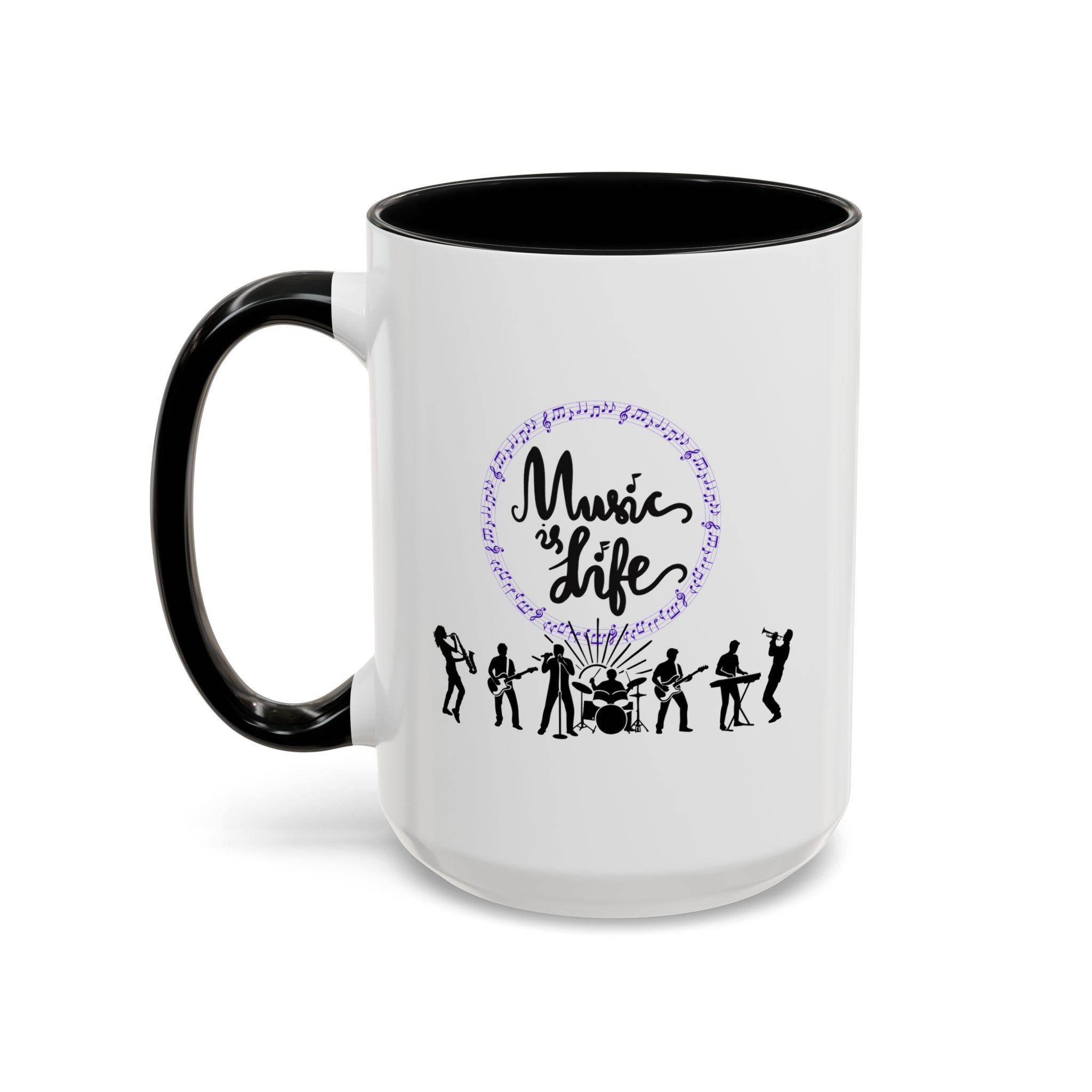 15oz white ceramic Music is Life mug with black handle and interior Left handed view