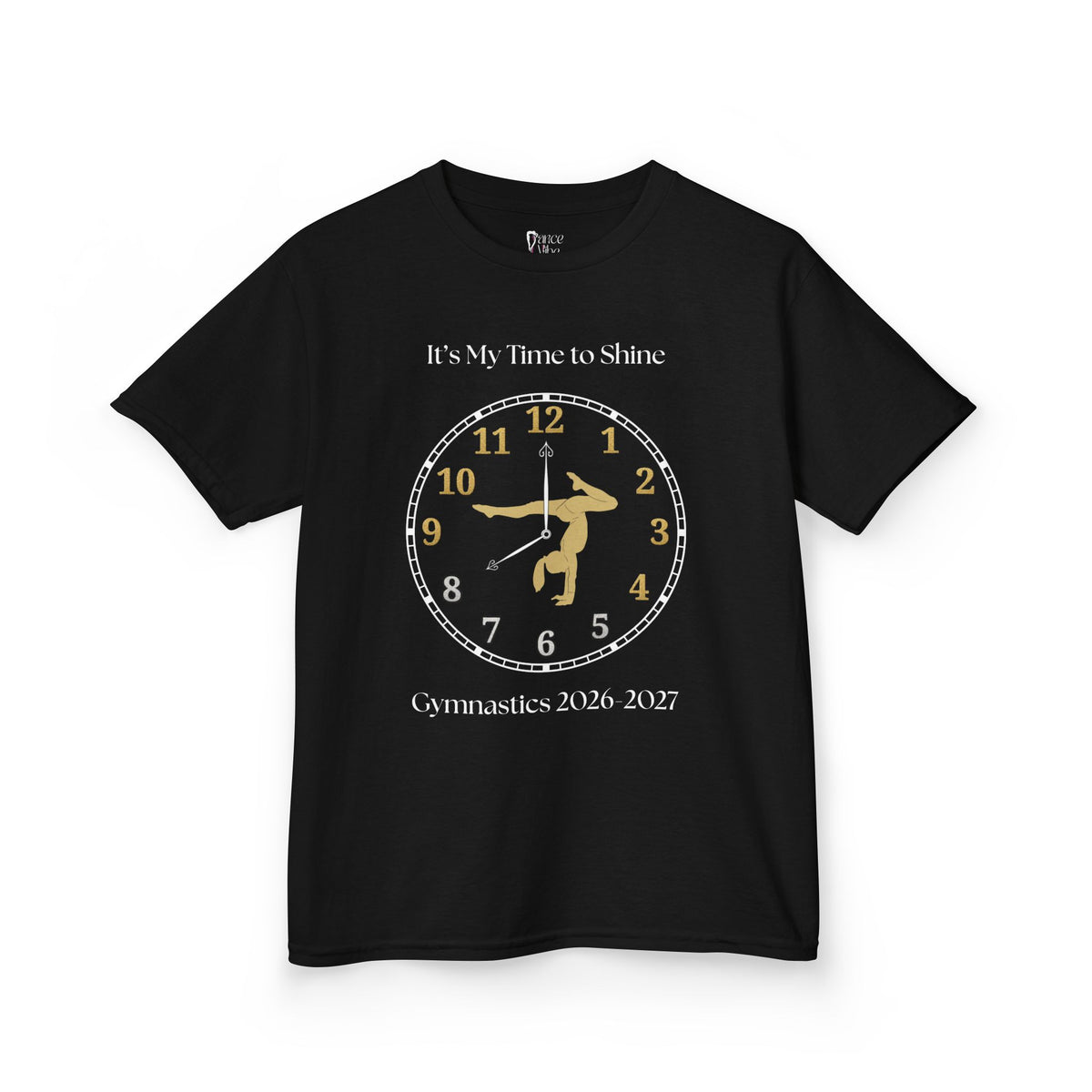 Front view of a youth Gildan 5000B heavy cotton t-shirt in black with an It's My Time to Shine Gymnastics 2026-2027 theme
