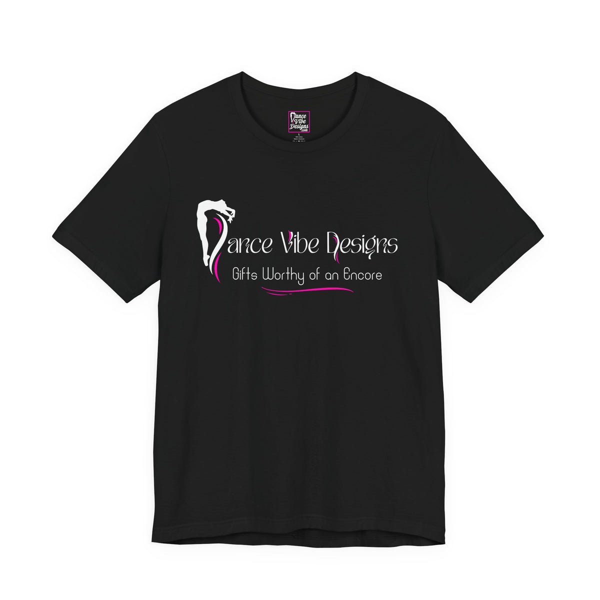 Black t-shirt with the Dance Vibe Designs company name and logo on the front