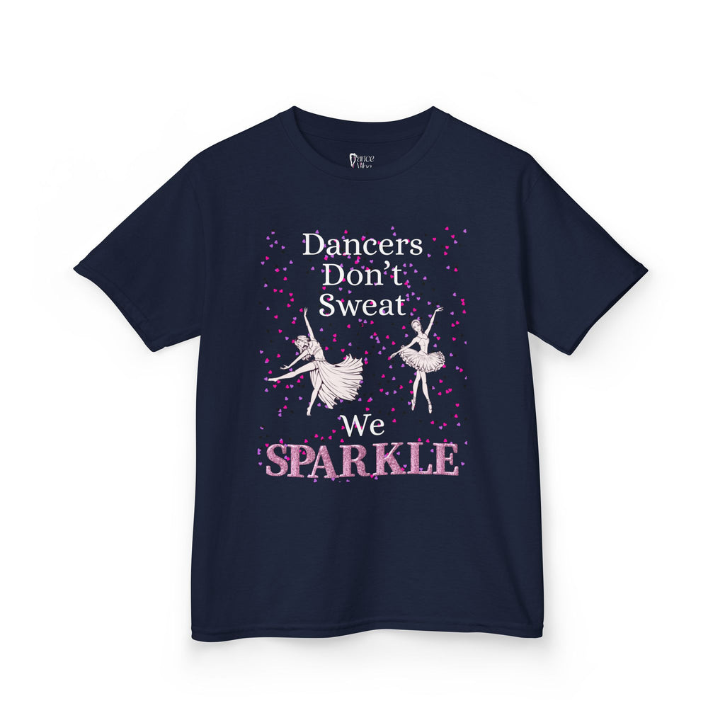 Front view of a youth Gildan 5000B heavy cotton t-shirt in navy with a Dancer's Don't Sweat We Sparkle text and graphic