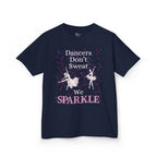 Front view of a youth Gildan 5000B heavy cotton t-shirt in navy with a Dancer's Don't Sweat We Sparkle text and graphic