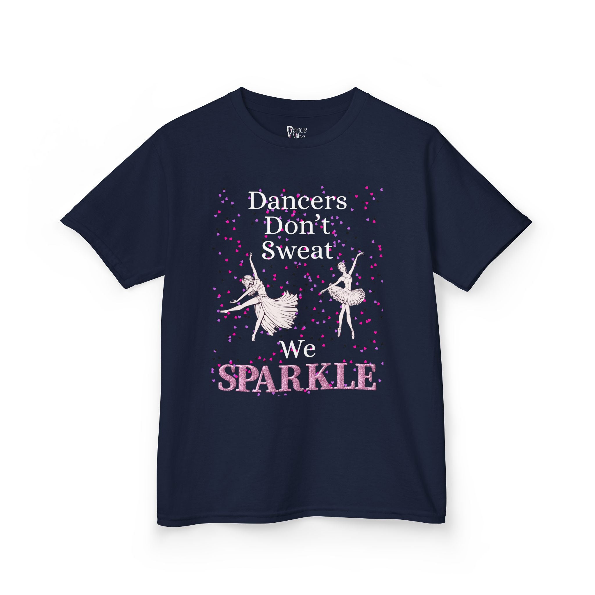 Front view of a youth Gildan 5000B heavy cotton t-shirt in navy with a Dancer's Don't Sweat We Sparkle text and graphic