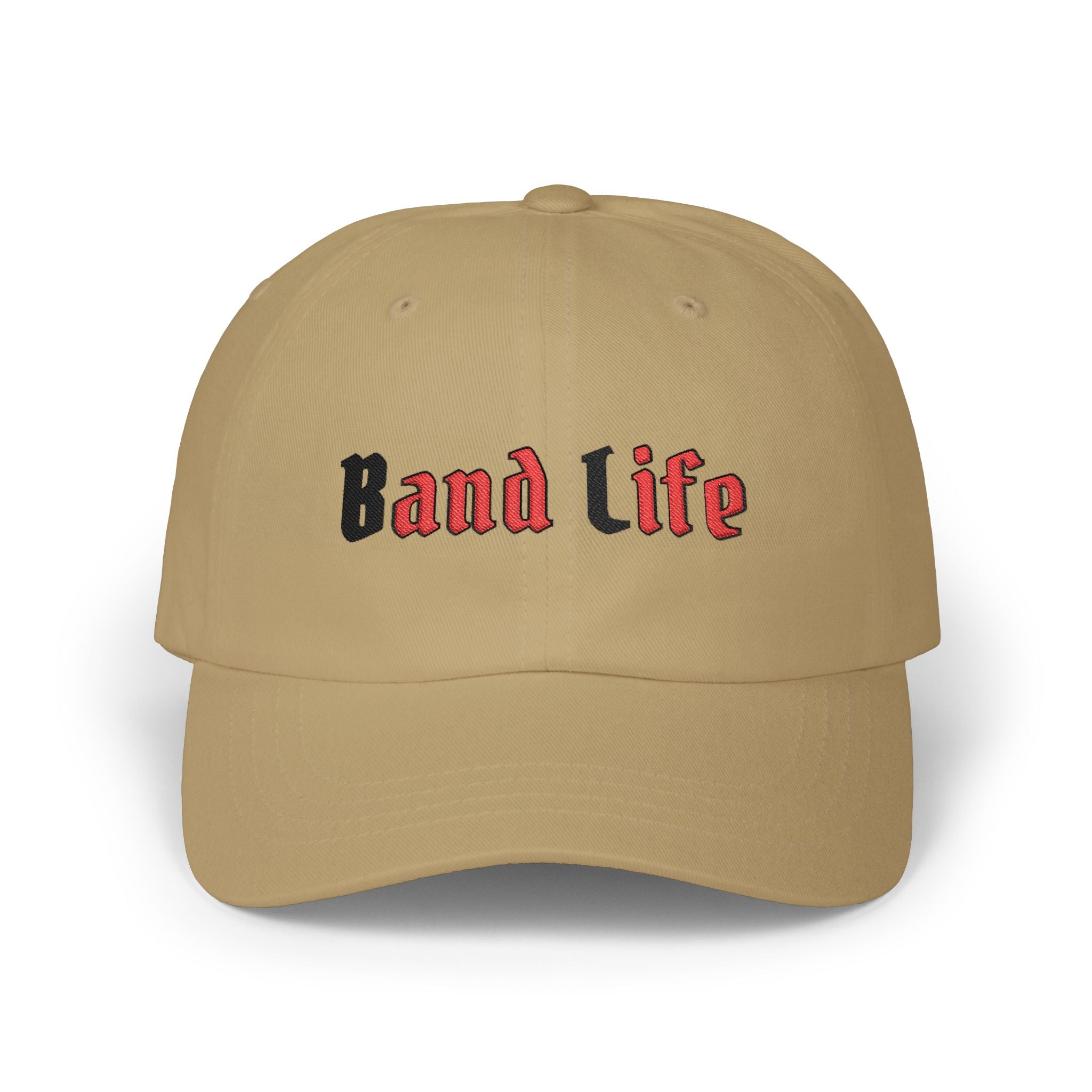Khaki embroidered classic dad cap hat with Band Life text Front view