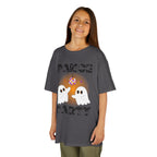 Young girl wearing a youth Gildan 5000B heavy cotton t-shirt in charcoal with a Halloween Dance Party theme