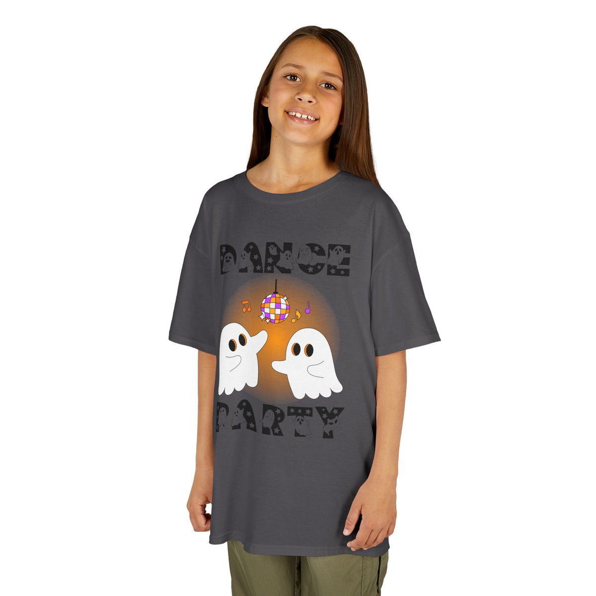 Young girl wearing a youth Gildan 5000B heavy cotton t-shirt in charcoal with a Halloween Dance Party theme