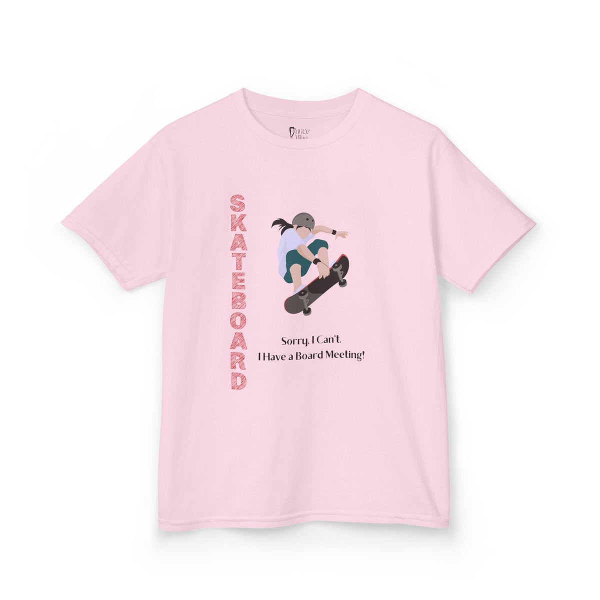 Front view of a youth Gildan 5000B heavy cotton t-shirt in light pink featuring a girl Skateboarding
