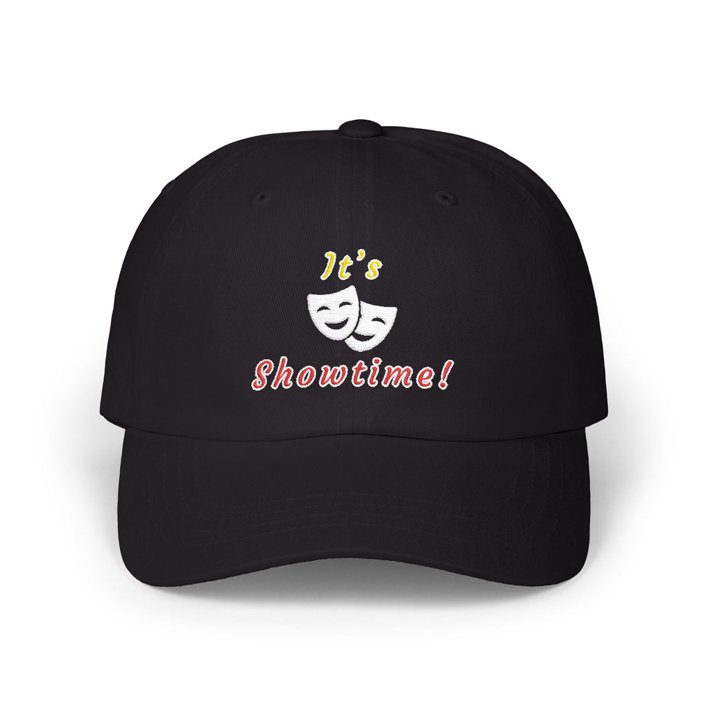 Black cap with an embroidered It's Showtime text and mask graphic.