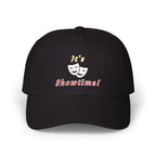 Black cap with an embroidered It's Showtime text and mask graphic.