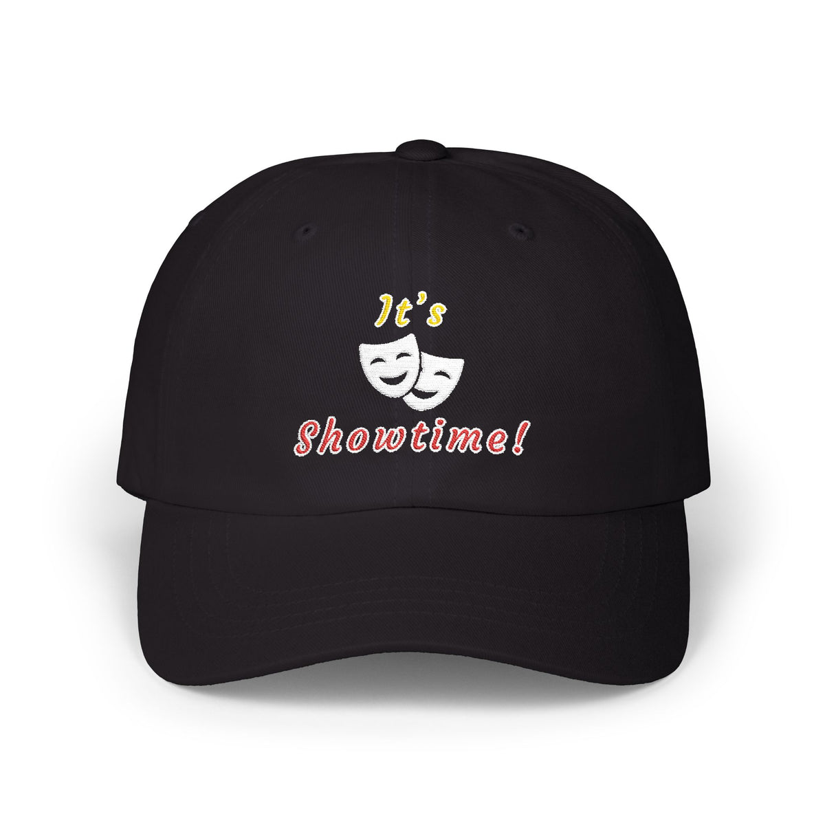 Black cap with an embroidered It's Showtime text and mask graphic.