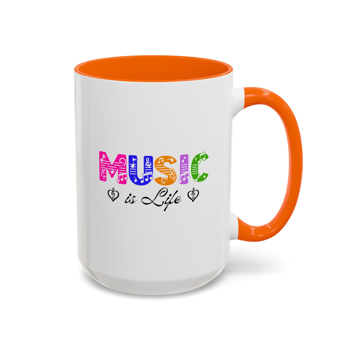 15oz white ceramic Rainbow Music is Life mug with orange handle and interior Right handed view