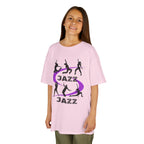 Young girl wearing a youth Gildan 5000B heavy cotton t-shirt in light pink with a Jazz Dance text and graphic