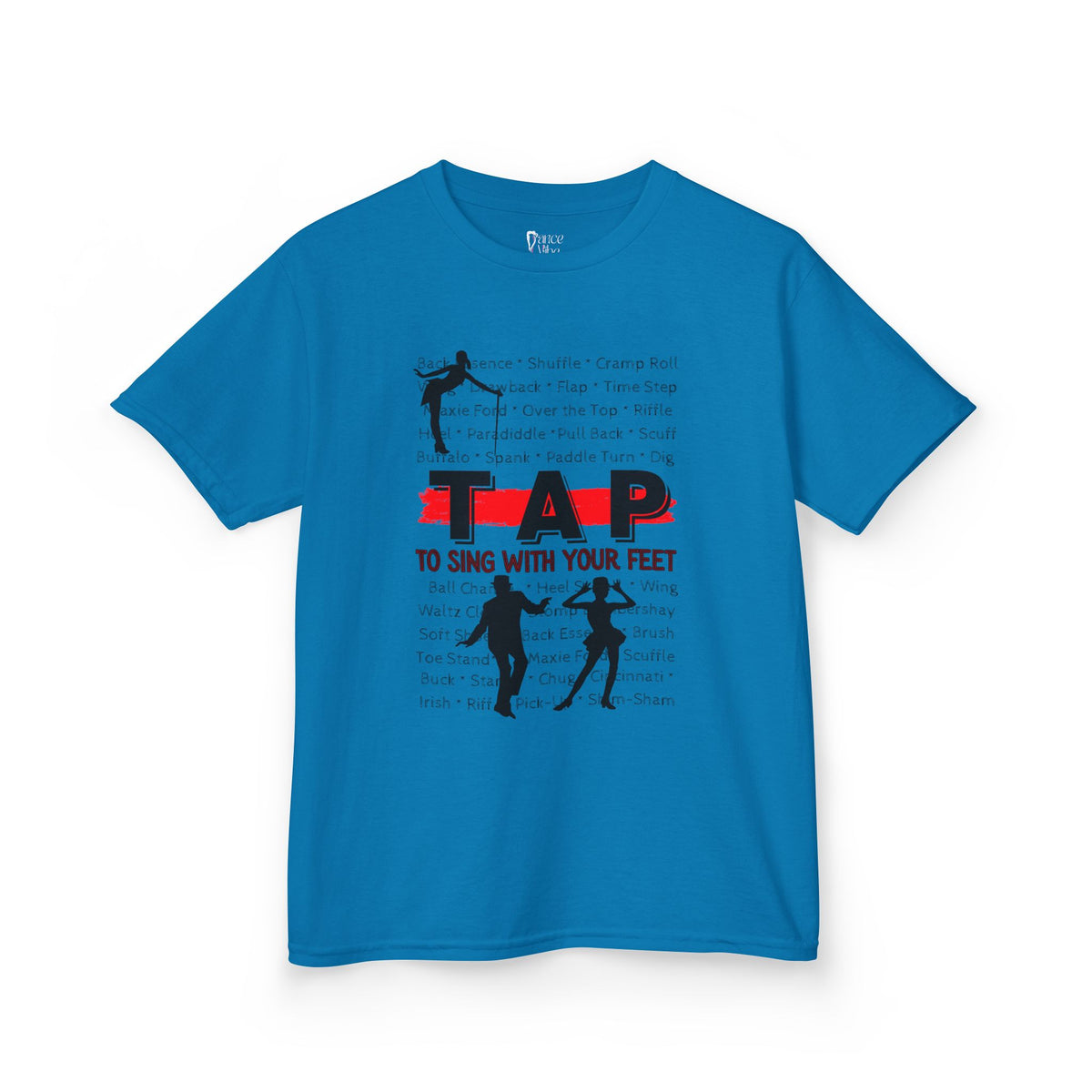 Front view of a youth Gildan 5000B heavy cotton t-shirt in sapphire with a Tap text and design