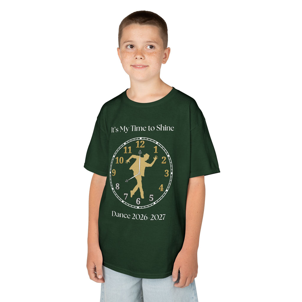 Young boy wearing a youth Gildan 5000B heavy cotton t-shirt in forest green with a Male Broadway Dancer 2026-2027 design