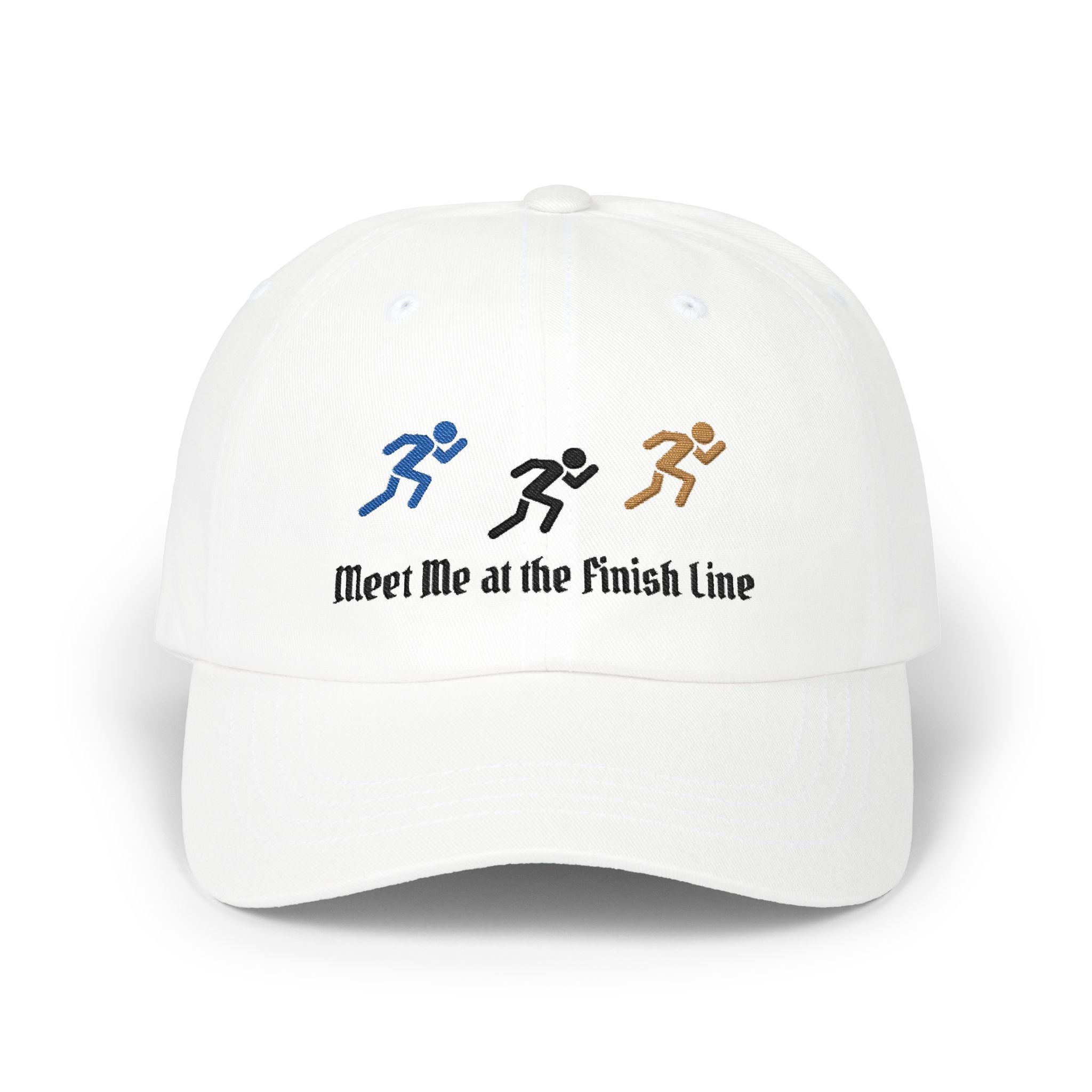A white baseball cap featuring embroidered running figures in blue, black, and tan above the text Meet Me at the Finish Line.