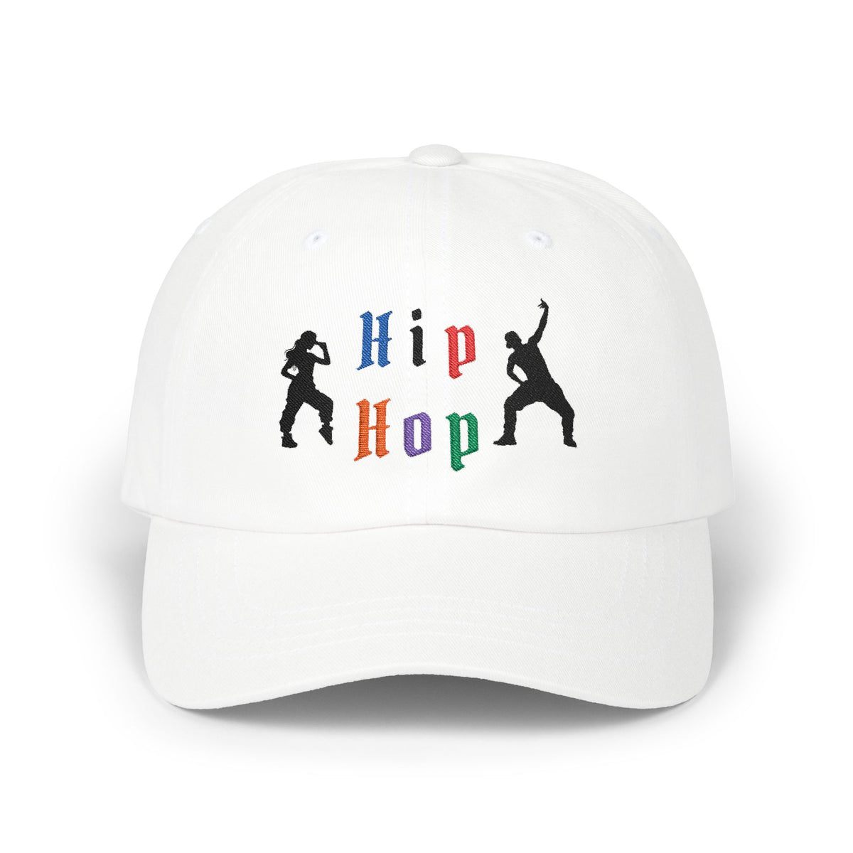 White embroidered classic dad cap hat with a Hip Hop text and graphic Front view