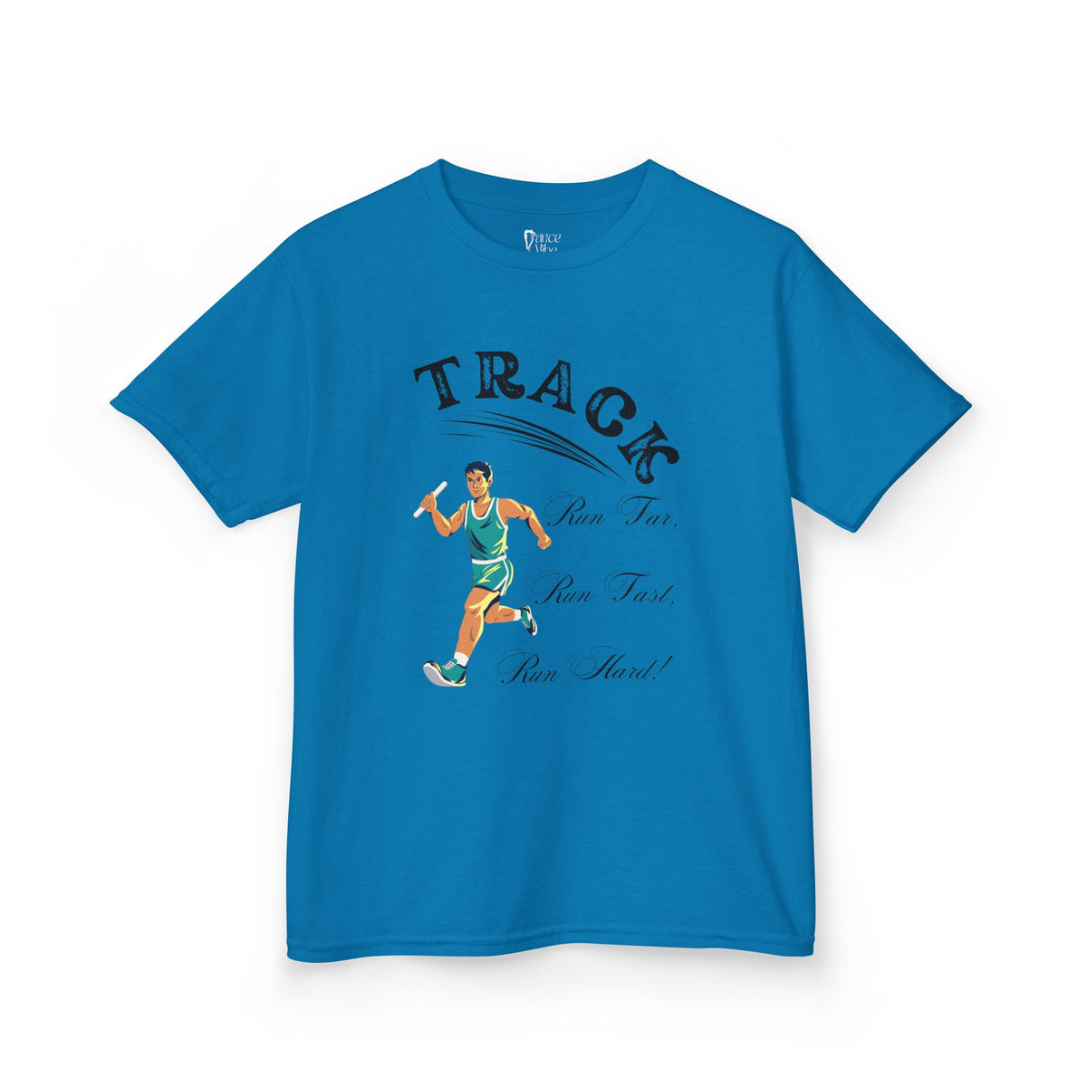 Front view of a youth Gildan 5000B heavy cotton t-shirt in sapphire showing a boy running Track