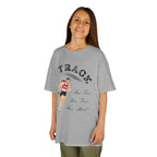 Young girl wearing a youth Gildan 5000B heavy cotton t-shirt in sport grey showing a girl running Track