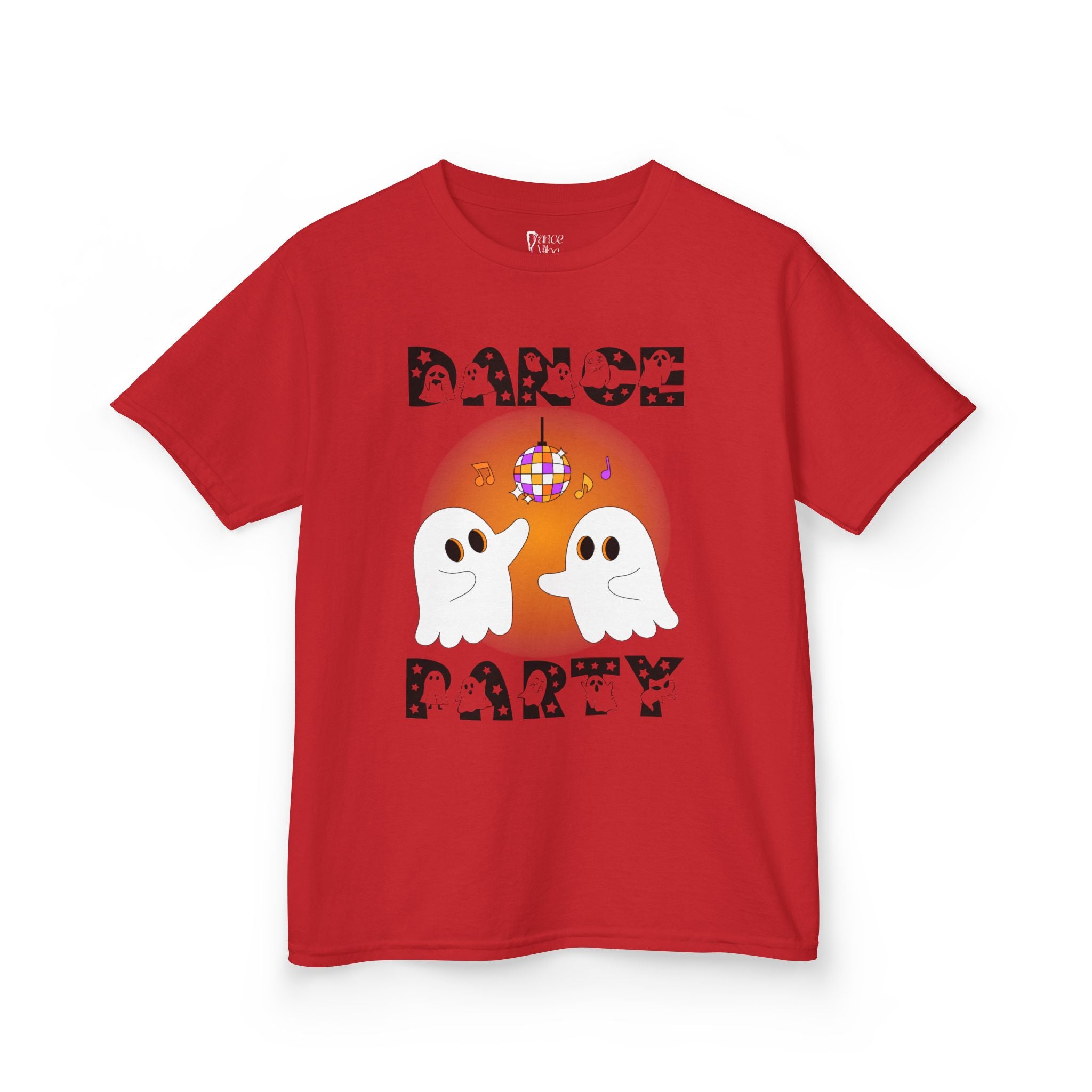 Front view of a youth Gildan 5000B heavy cotton t-shirt in red with a Halloween Dance Party theme