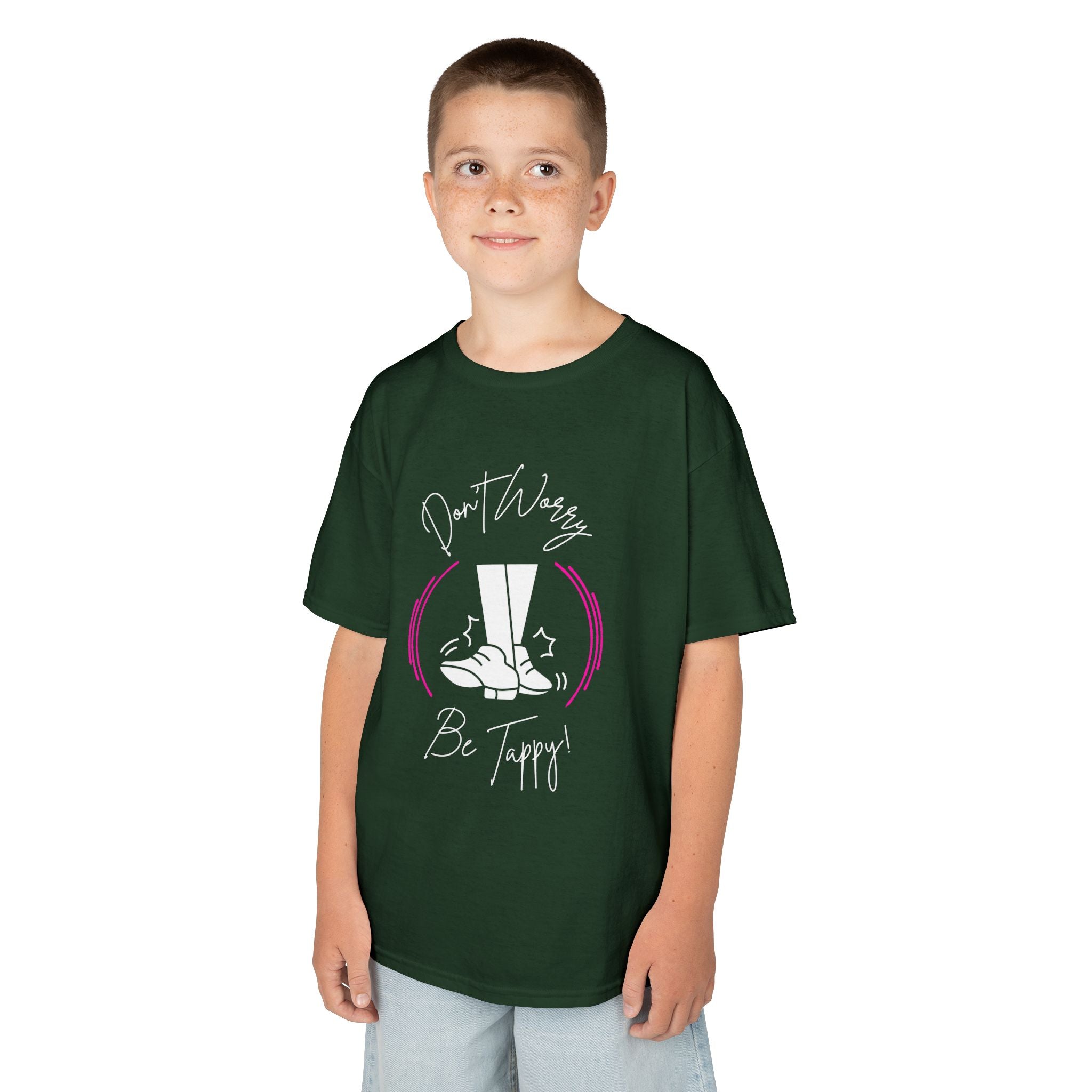 Young boy wearing a youth Gildan 5000B heavy cotton t-shirt in forest green with a Don't Worry Be Tappy Tap Shoe design