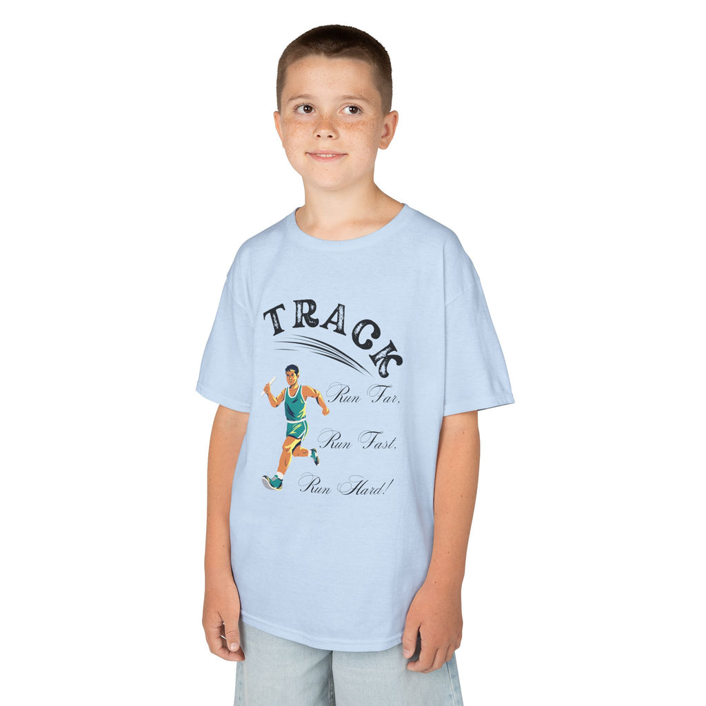 Young boy wearing a youth Gildan 5000B heavy cotton t-shirt in light blue featuring a boy running Track