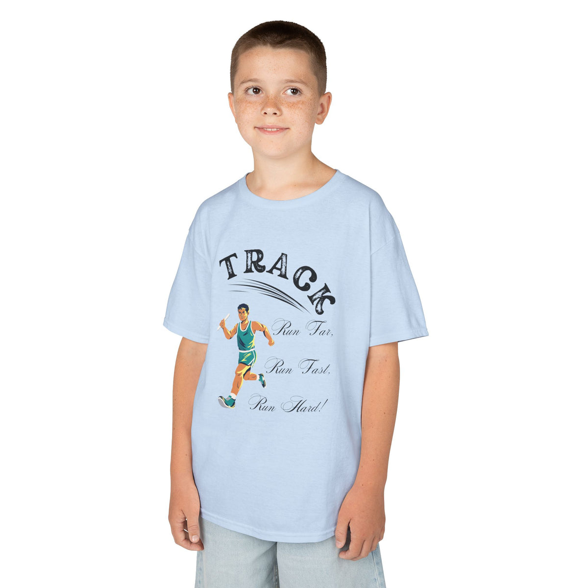 Young boy wearing a youth Gildan 5000B heavy cotton t-shirt in light blue featuring a boy running Track
