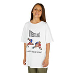 Young girl wearing a youth Gildan 5000B heavy cotton t-shirt in white with a Wrestling text and graphic