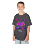 Young boy wearing a youth Gildan 5000B heavy cotton t-shirt in charcoal with a Dance Vibes All Day text and graphic