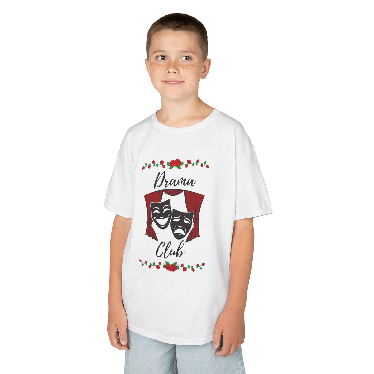 Young boy wearing a youth Gildan 5000B heavy cotton t-shirt in white with a Drama Club text and graphic 