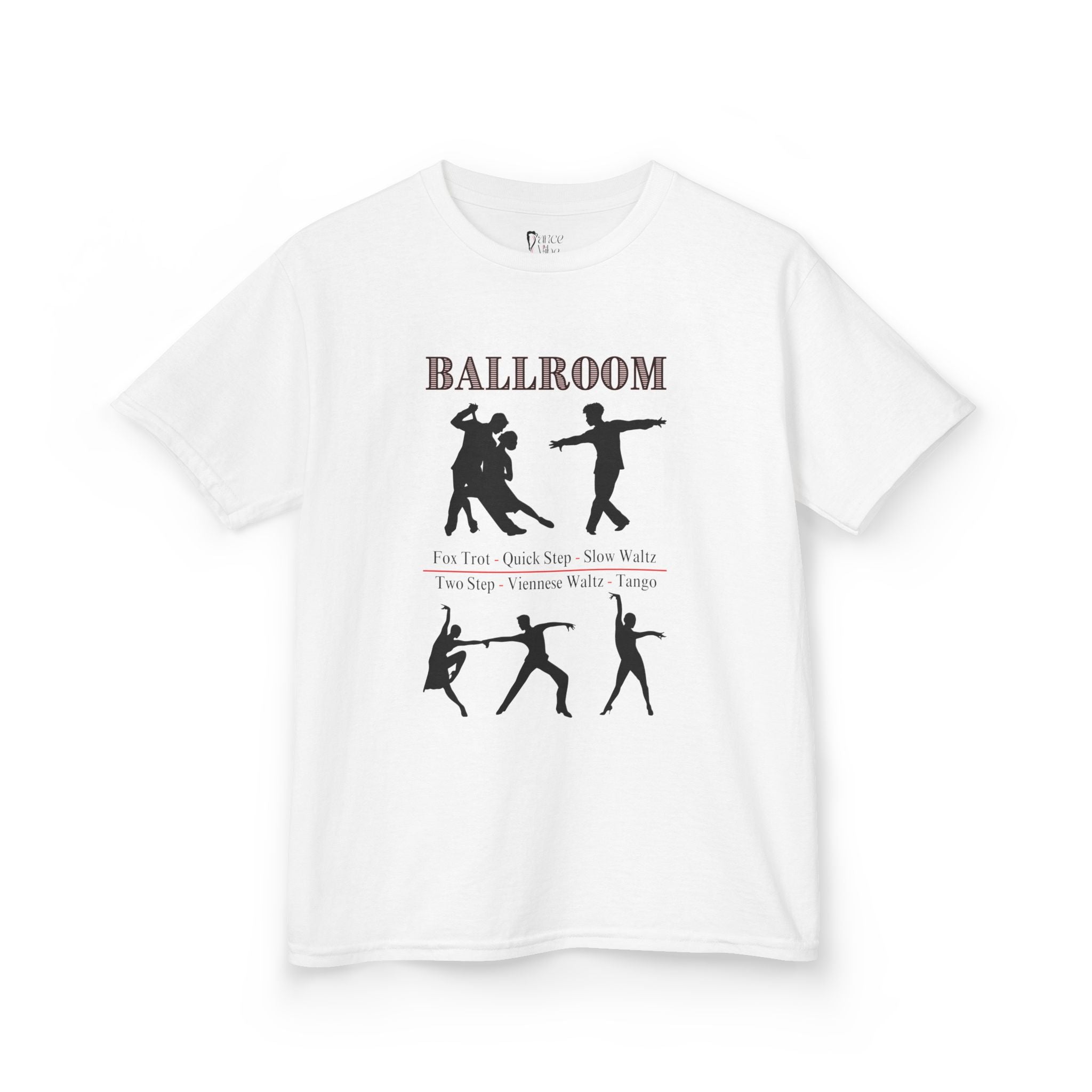 Front view of a youth Gildan 5000B heavy cotton t-shirt in white with a Ballroom Dance Style theme