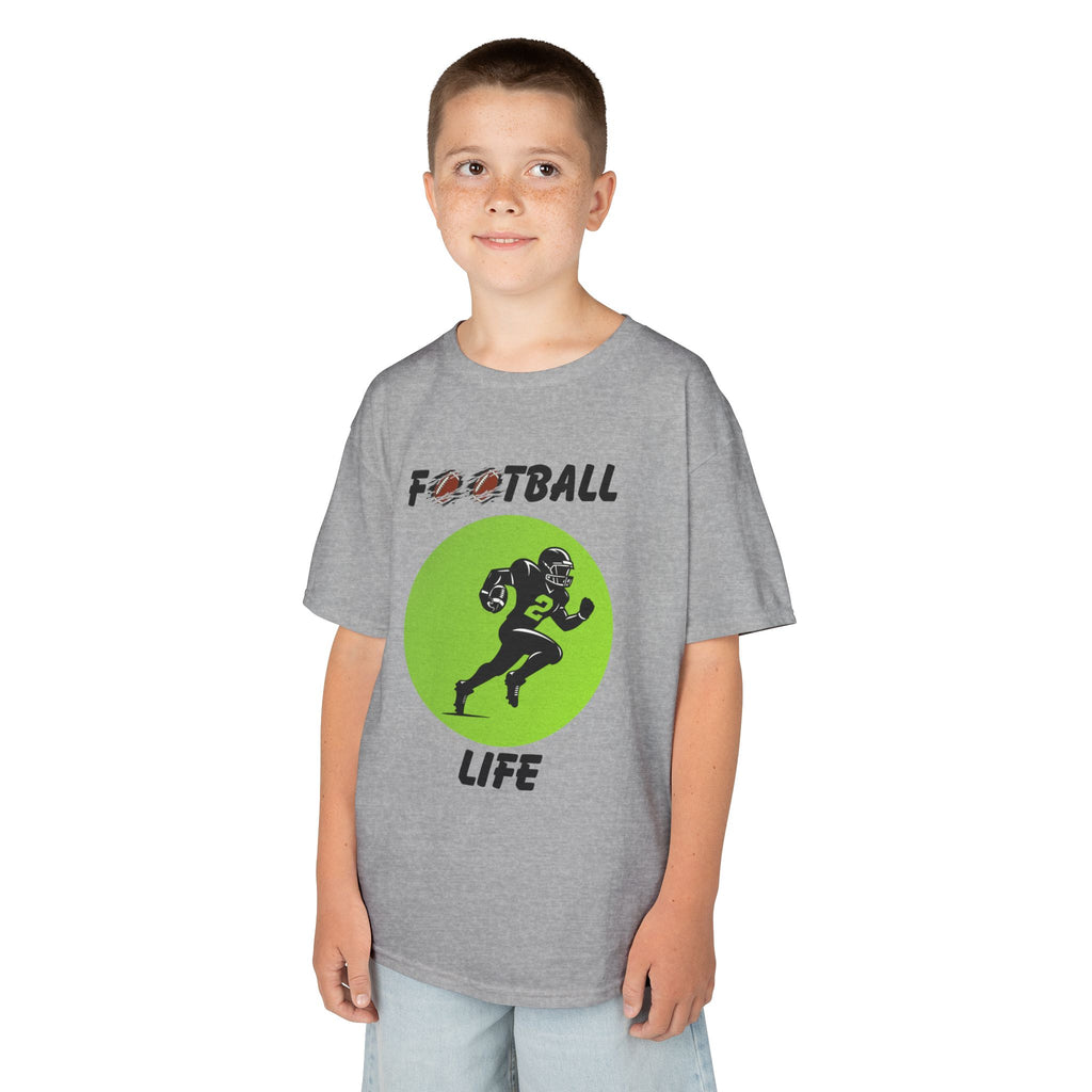 Young boy wearing a youth Gildan 5000B heavy cotton t-shirt in sport grey with a Football Life text and graphic