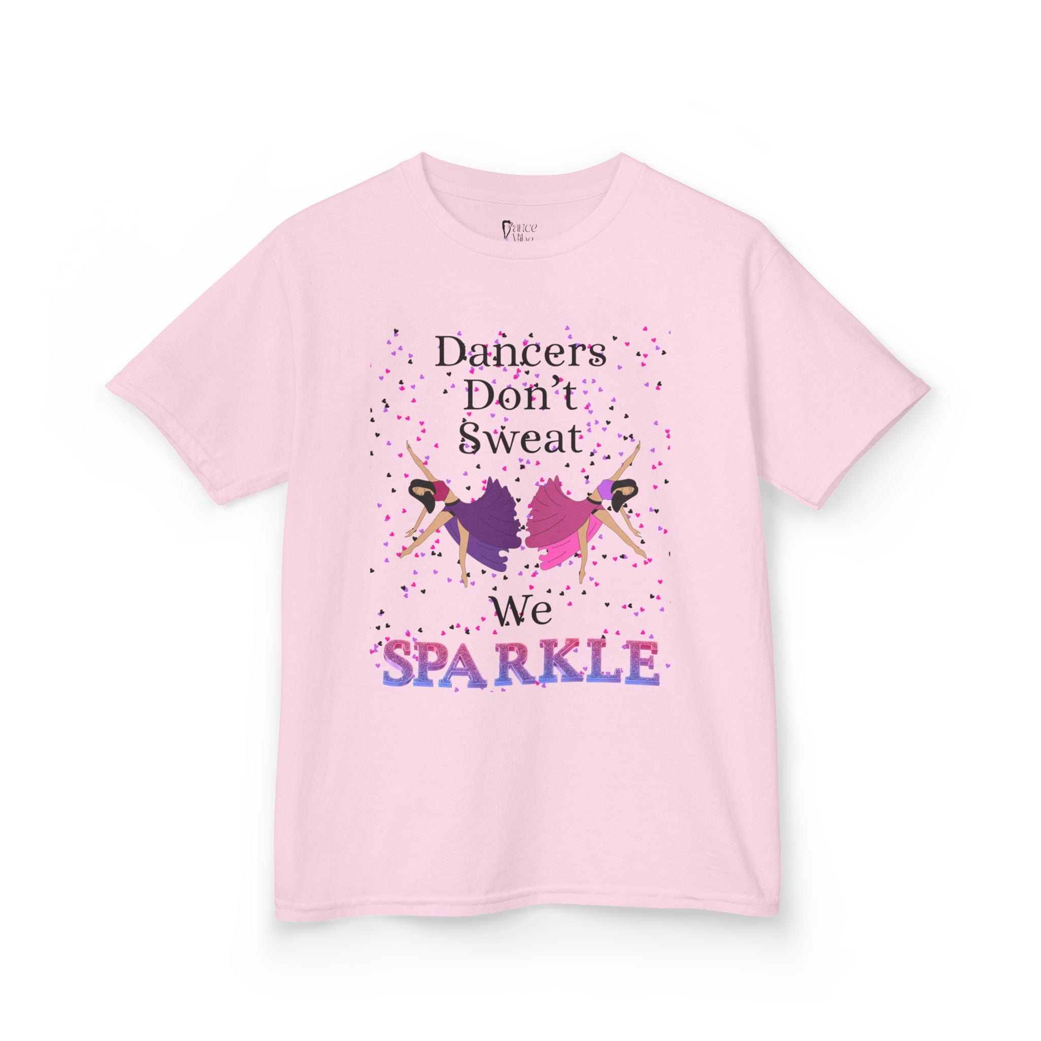 Front view of a youth Gildan 5000B heavy cotton t-shirt in light pink with a Dancer's Don't Sweat We Sparkle text and graphic
