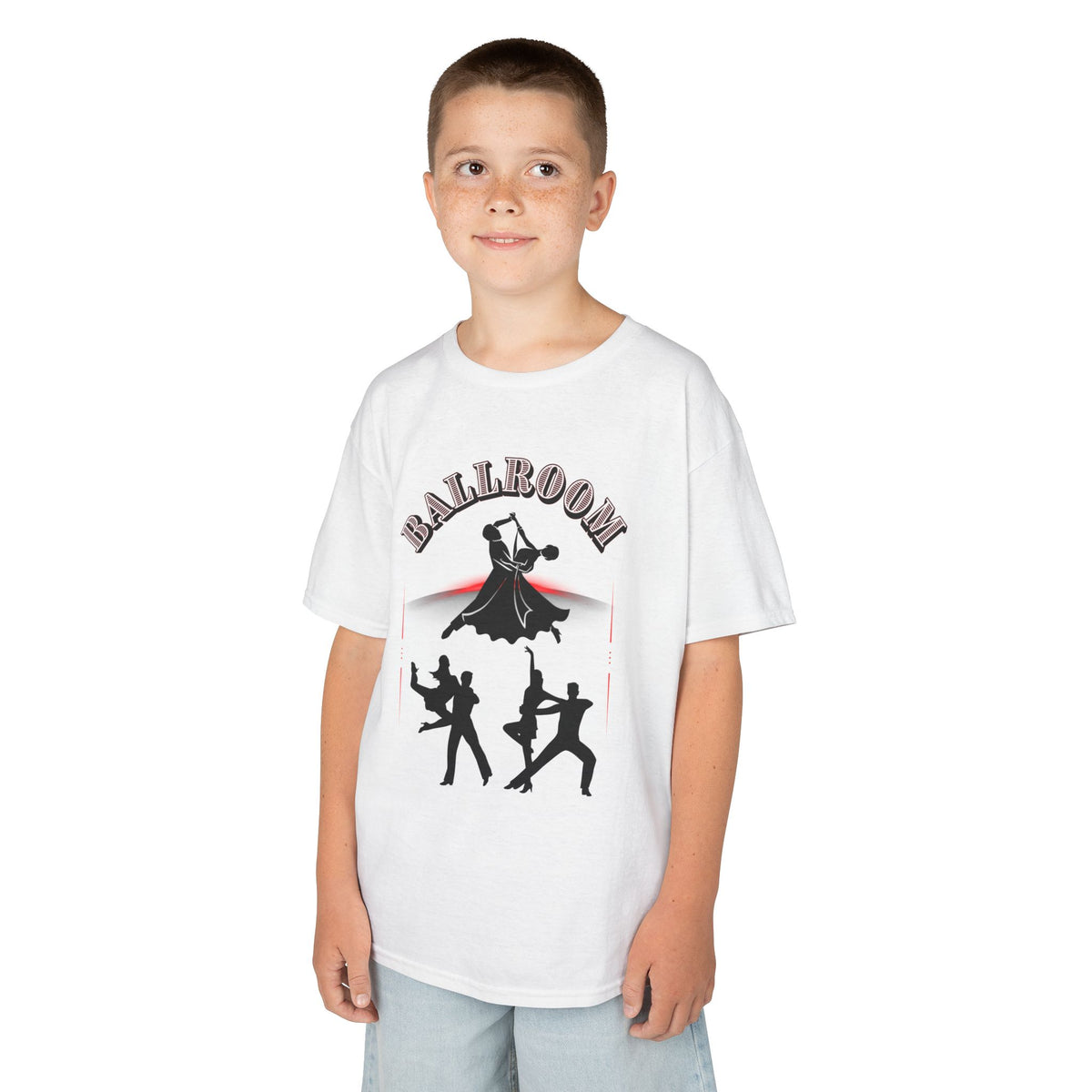 Young boy wearing a youth Gildan 5000B heavy cotton t-shirt in white with a Ballroom Dance Couples theme