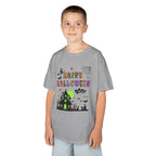 A young boy wearing a heather grey short-sleeve crewneck t-shirt featuring a colorful Happy Halloween graphic on the front, complete with a haunted house, witch, and spiderweb.