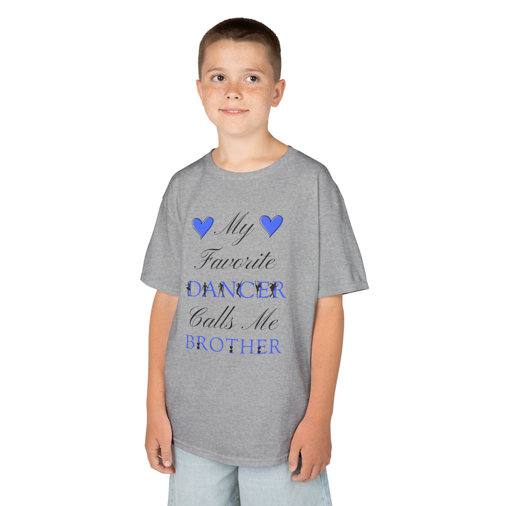 A young boy wearing a sport grey t-shirt with a graphic that reads My Favorite Dancer Calls Me Brother.