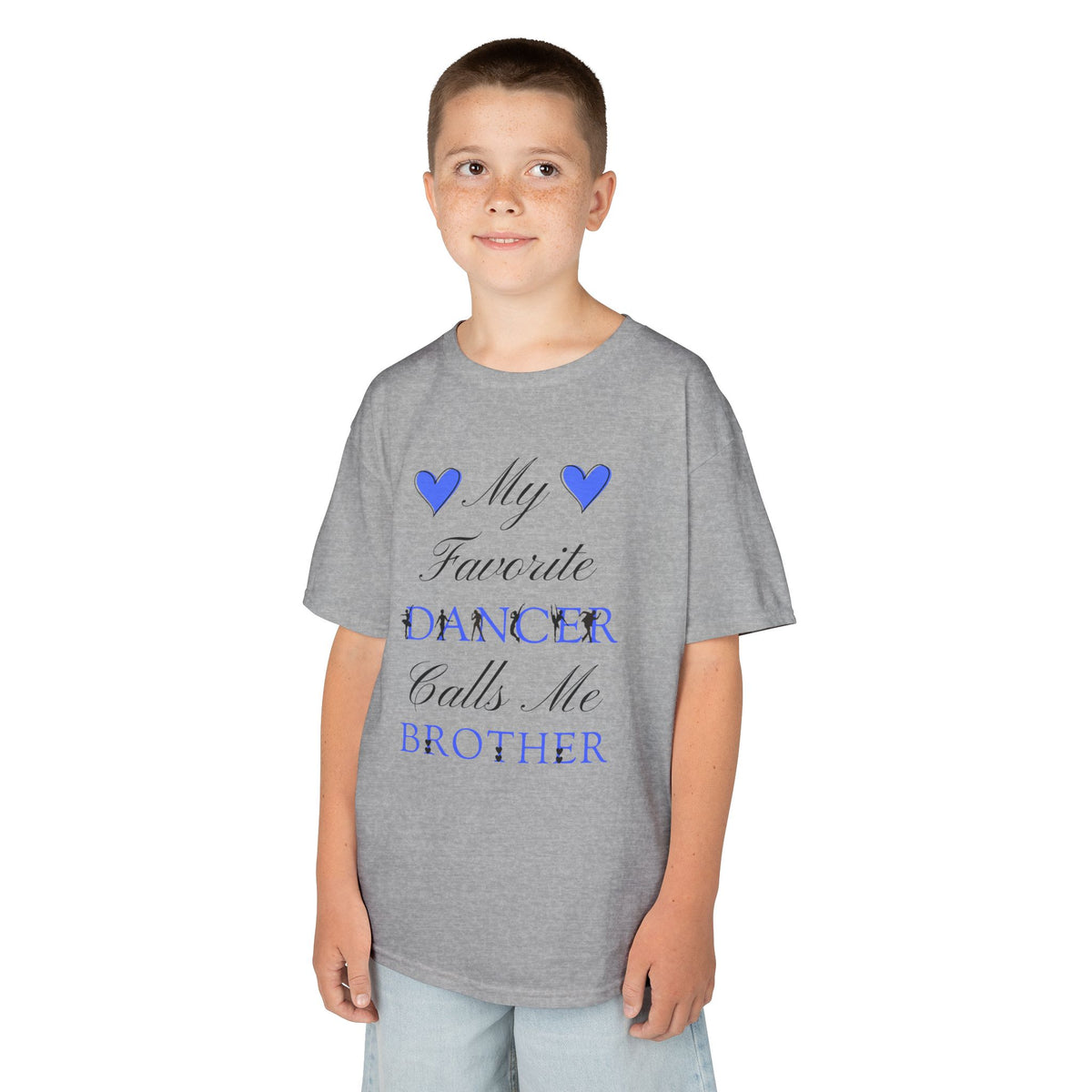 A young boy wearing a sport grey t-shirt with a graphic that reads My Favorite Dancer Calls Me Brother.
