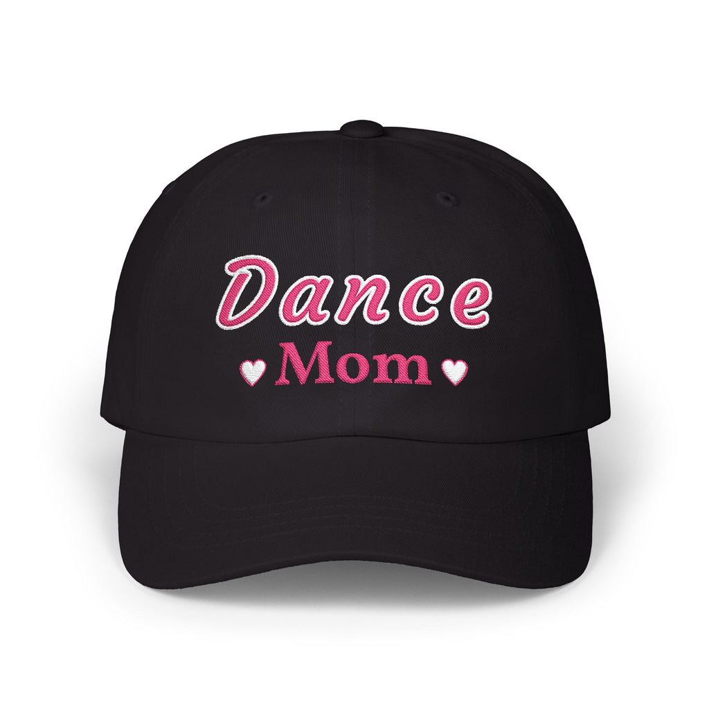 Black embroidered classic dad cap hat with a Dance Mom text and graphic Front view