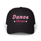 Black embroidered classic dad cap hat with a Dance Mom text and graphic Front view