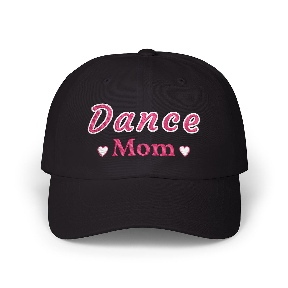 Black embroidered classic dad cap hat with a Dance Mom text and graphic Front view
