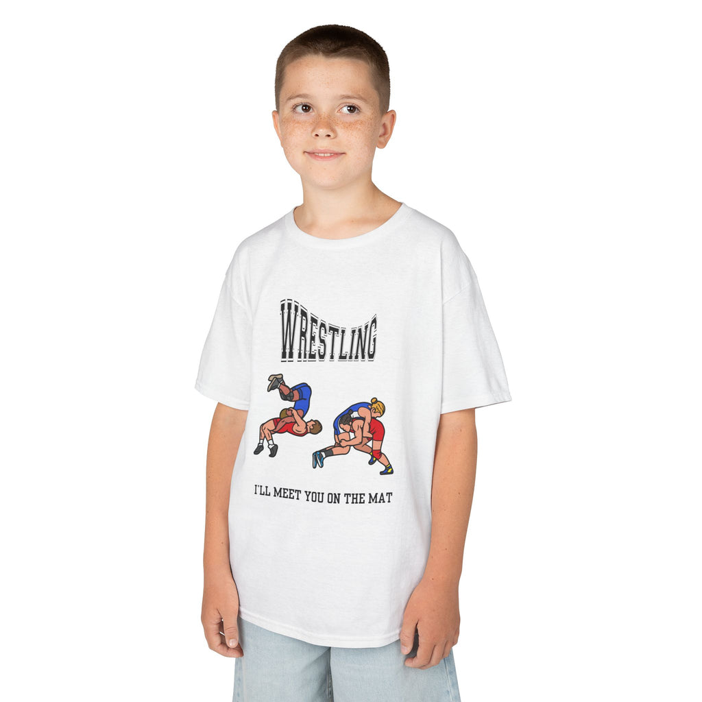 Young boy wearing a youth Gildan 5000B heavy cotton t-shirt in white with a Wrestling text and graphic