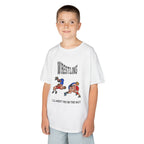 Young boy wearing a youth Gildan 5000B heavy cotton t-shirt in white with a Wrestling text and graphic