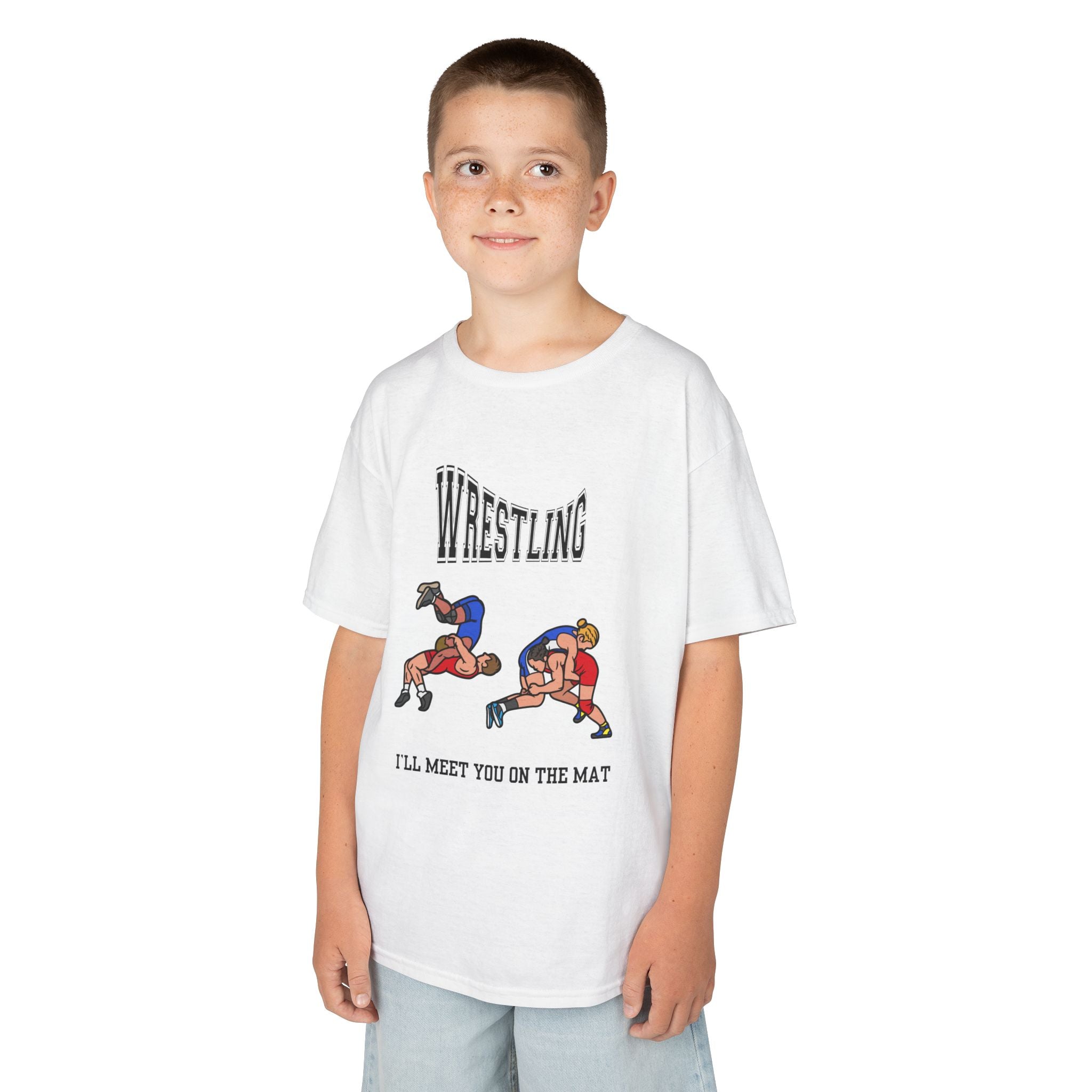 Young boy wearing a youth Gildan 5000B heavy cotton t-shirt in white with a Wrestling text and graphic