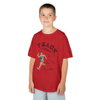 Young boy wearing a youth Gildan 5000B heavy cotton t-shirt in red featuring a boy running Track