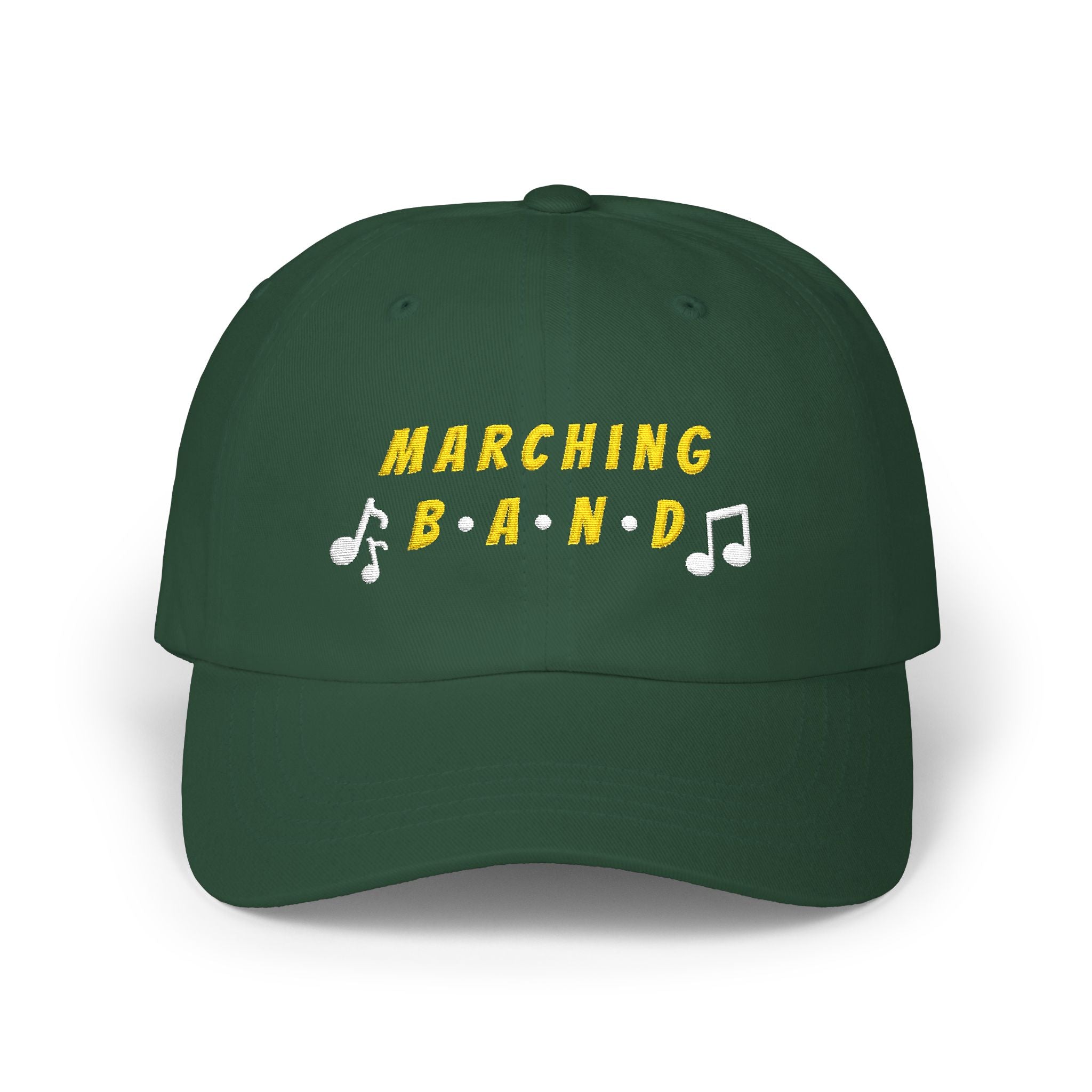 Spruce cap with MARCHING BAND text and musical notes.