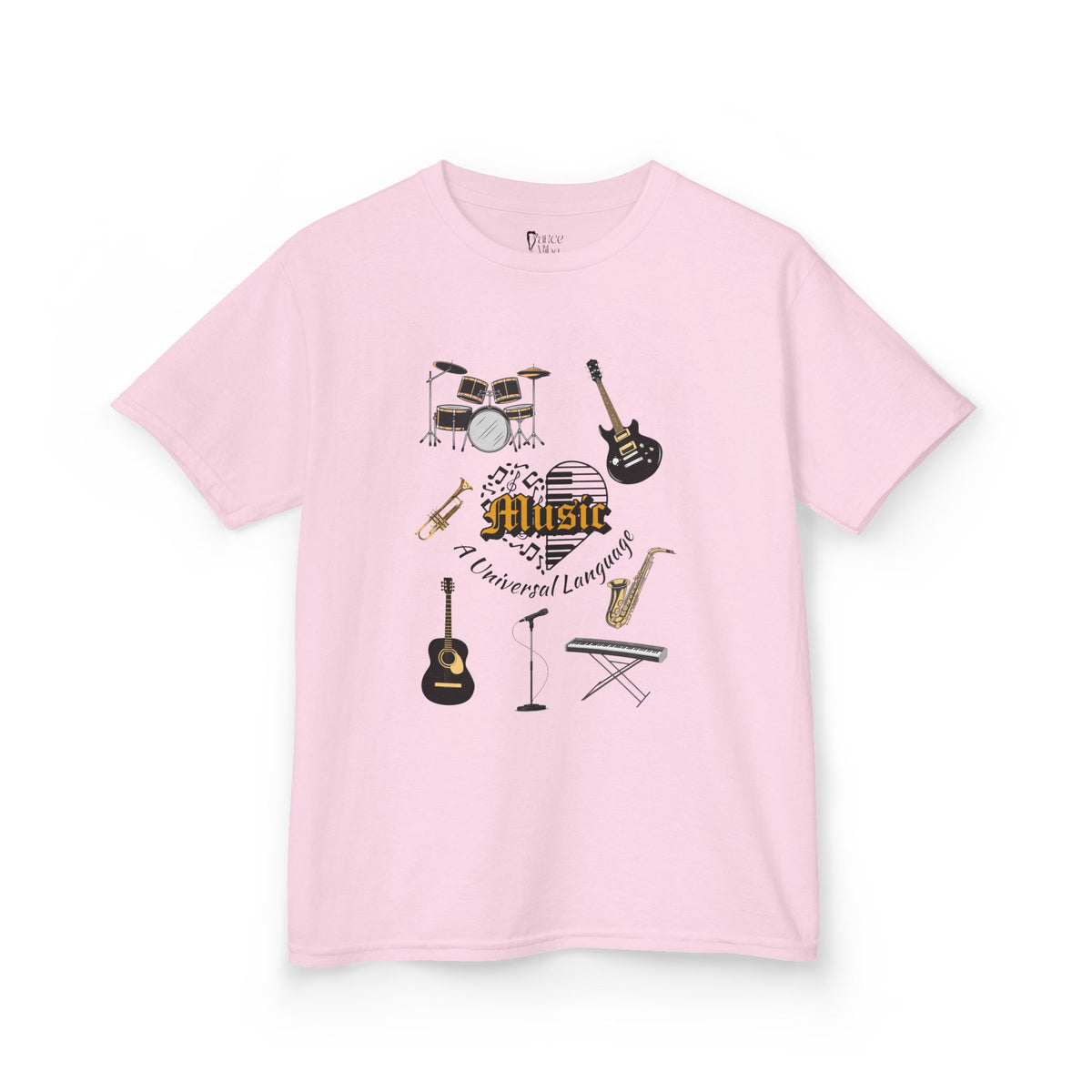 Front view of a youth Gildan 5000B heavy cotton t-shirt in light pink with a Music A Universal Language theme