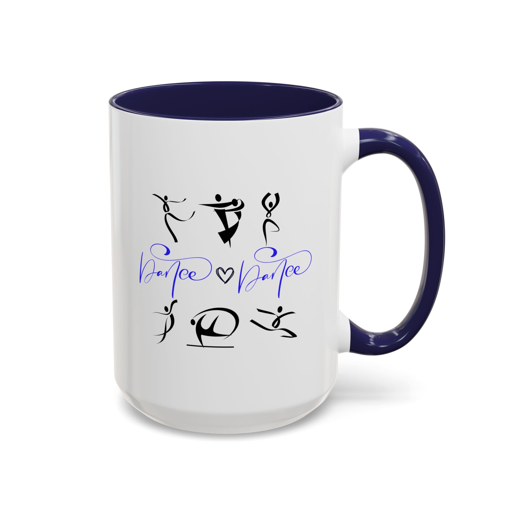 15oz white ceramic Dance Silhouette mug with navy handle and interior Right handed view